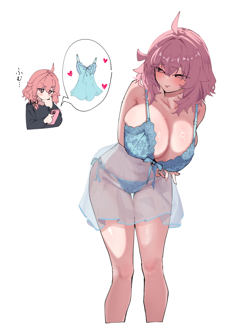 1girl absurdres ahoge arm_under_breasts babydoll black_ribbon black_shirt blue_babydoll blue_panties blue_ribbon blush braid breasts cellphone closed_mouth collarbone cropped_legs groin hair_between_eyes hair_ribbon heart heart_in_eye highres holding holding_phone huge_breasts jitome knees leaning_to_the_side lingerie medium_hair mole mole_under_eye navel original panties phone pink_eyes pink_hair ribbon see-through_babydoll see-through_clothes shirt side-tie_panties simple_background smartphone symbol_in_eye thighs tongue tongue_out translation_request underwear warabi_mochi_(w4rabimochi) white_background