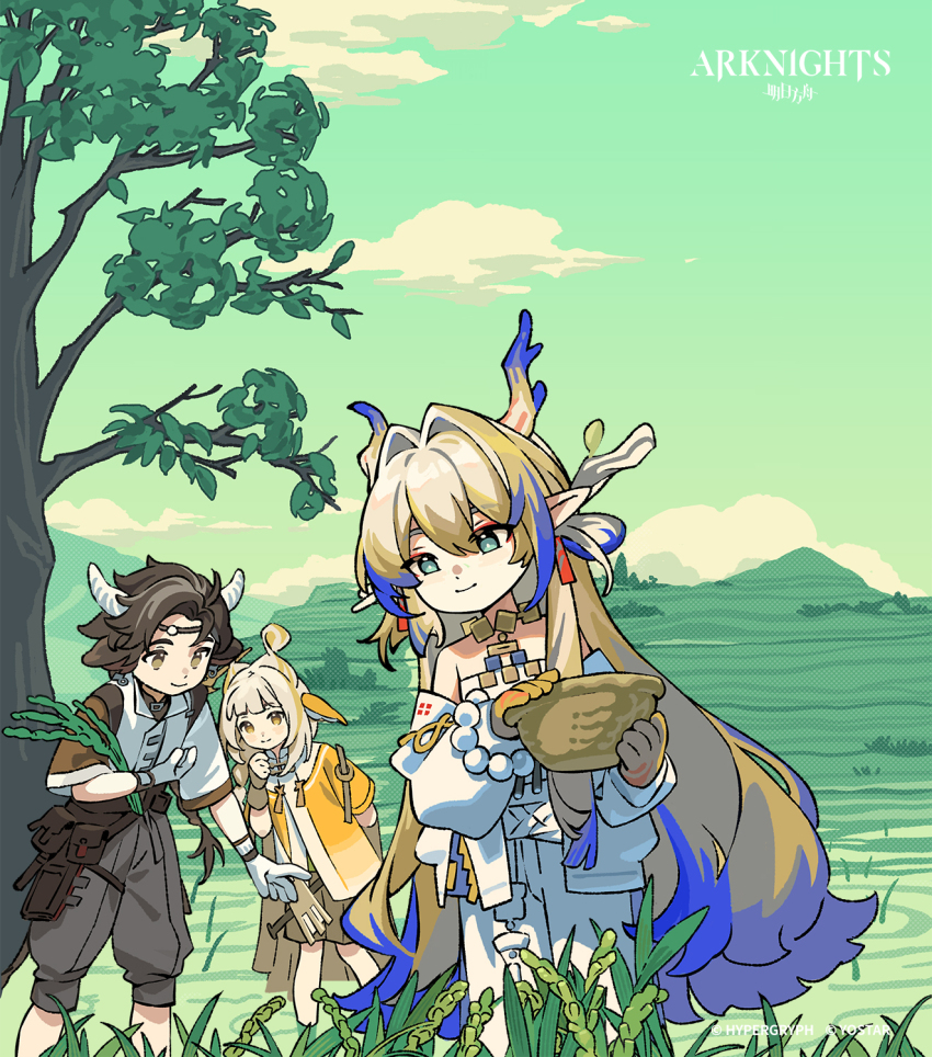 1boy 2girls animal_ears arknights bead_bracelet beads blonde_hair blue_hair bracelet brown_eyes brown_hair brown_skirt capri_pants cloud colored_skin commentary copyright_name cow_boy cow_ears cow_horns dragon_horns english_commentary favilia feet_out_of_frame gloves grain_buds_(arknights) green_eyes green_sky grey_pants hair_ornament hair_stick headband highres horns jacket jewelry leaning_forward mountainous_horizon multicolored_hair multiple_girls necklace off_shoulder official_art outdoors pants pointy_ears pouch shirt short_hair shu_(arknights) skirt sky strapless tree tube_top wan_qing_(arknights) white_gloves white_hair white_jacket white_pants white_shirt white_tube_top yellow_jacket yellow_skin