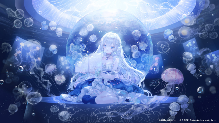 1girl :d aitsuki_nakuru animal blue_eyes blue_sky blue_thighhighs book braid breasts cleavage collarbone commentary_request grey_hair highres holding holding_book jellyfish la_priere long_hair medium_breasts official_art onineko open_book open_mouth shoes single_thighhigh sitting sky smile solo thighhighs very_long_hair white_shoes