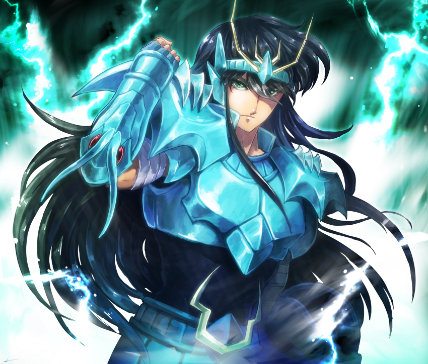 1boy aqua_armor arm_shield arm_wrap armor aura bishounen black_hair breastplate clenched_hand dragon_shiryuu fake_horns food_fighter_441 frown green_armor green_background green_eyes hand_up helmet highres horned_helmet horns long_hair looking_at_viewer male_focus pauldrons saint_seiya shoulder_armor solo upper_body