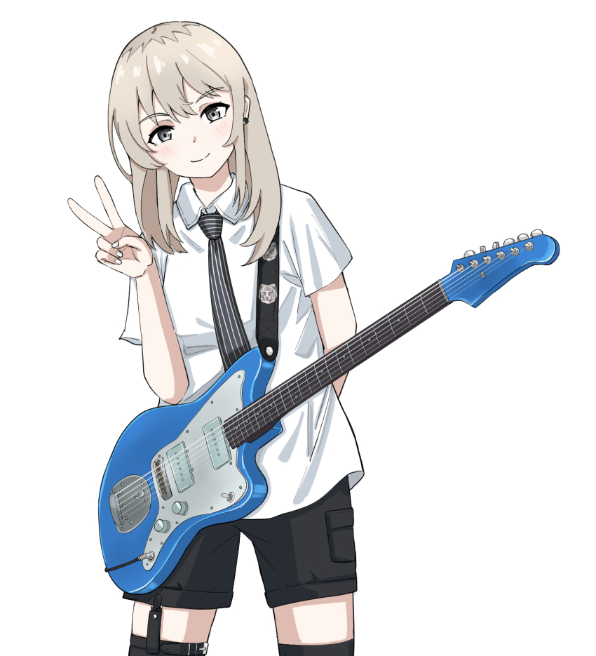 1girl arm_behind_back black_necktie black_shorts black_thighhighs blush closed_mouth collared_shirt commentary cowboy_shot ear_piercing electric_guitar female_focus fender_jazzmaster garter_straps girls_band_cry grey_eyes grey_hair guitar highres instrument kawaragi_momoka long_hair looking_at_viewer necktie piercing sagittarius_(cruxhkg) shirt shorts simple_background smile solo striped_necktie thigh_strap thighhighs v voice_actor_connection white_background white_shirt yuri_(voice_actor)