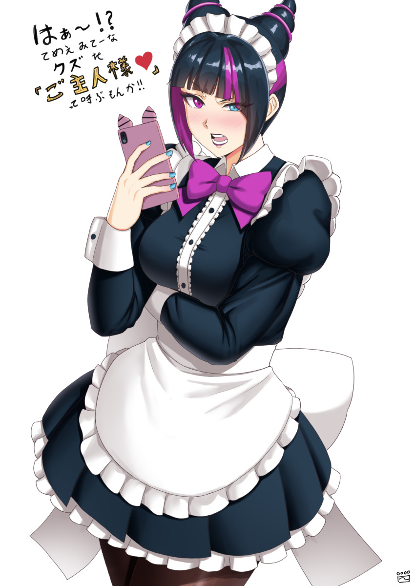 1girl alternate_costume apron black_hair black_shirt black_skirt blue_eyes blush bow bowtie breasts cellphone cowboy_shot enmaided finalcake frown hair_horns han_juri heterochromia highres juliet_sleeves large_breasts long_sleeves looking_at_viewer maid maid_apron maid_headdress multicolored_hair open_mouth phone pink_bow pink_bowtie pink_eyes pink_hair puffy_sleeves shirt simple_background skirt smartphone solo streaked_hair street_fighter street_fighter_6 translated white_background