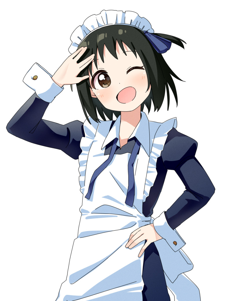 1girl ;d apron arashiyama_hotori arm_up black_dress black_hair blue_ribbon blush brown_eyes collared_dress commentary_request commission dot_nose dress frilled_apron frills hair_ribbon hand_on_own_hip haru_(konomi_150) highres juliet_sleeves long_sleeves looking_at_viewer maid maid_headdress neck_ribbon one_eye_closed one_side_up open_mouth pixiv_commission puffy_sleeves ribbon salute short_hair simple_background smile solo soredemo_machi_wa_mawatteiru undone_neck_ribbon upper_body vulcan_salute white_apron white_background