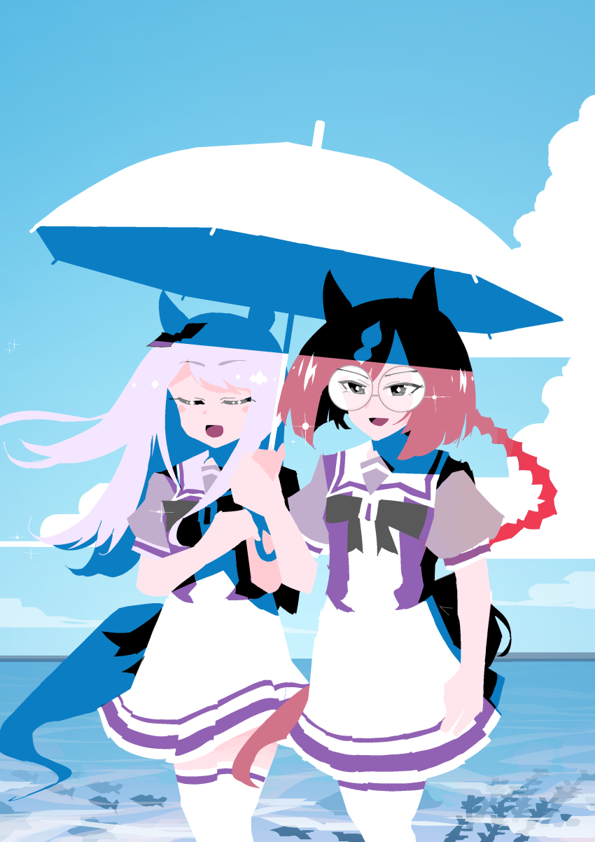 2girls absurdres animal_ears back_bow beach black_bow black_bowtie blue_shirt blue_sky bob_cut bow bowtie braid braided_ponytail brown_eyes brown_hair closed_eyes closed_mouth cloud cloudy_sky commentary day ear_ribbon fish glasses highres horizon horse_ears horse_girl horse_tail ikuno_dictus_(umamusume) long_hair mejiro_mcqueen_(umamusume) miniskirt multiple_girls ocean open_mouth outdoors pleated_skirt purple_hair rimless_eyewear round_eyewear sailor_collar shared_umbrella shirt short_sleeves single_braid skirt sky smile sparkle standing super-mu tail thighhighs umamusume umbrella white_hair white_sailor_collar white_skirt white_thighhighs wind