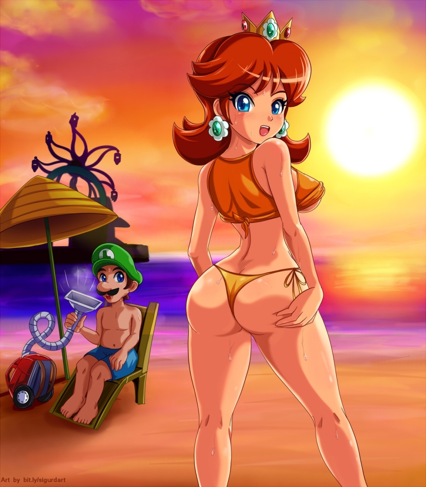 1boy 1girl :d ass barefoot beach beach_umbrella bikini blue_eyes blush breasts brown_hair butt_crack crown earrings facial_hair ferris_wheel flipped_hair from_behind hat highres huge_ass jewelry large_breasts looking_back luigi mario_(series) mustache netorare nintendo open_mouth princess princess_daisy side-tie_bikini_bottom sideboob sigurd_hosenfeld sitting smile sun super_mario_bros._1 super_mario_land sweat sweatdrop swimsuit thong topless_male umbrella underboob vacuum_cleaner water wet wide_hips
