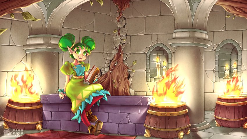 1girl barrel book boots candle double_bun dress farore fire green_dress green_eyes green_hair hair_bun highres holding holding_book indoors kidakash kneehighs looking_at_viewer nintendo pointy_ears self-upload single_kneehigh single_sock sitting sitting_on_object smile socks stone_floor stone_pillar stone_wall the_legend_of_zelda the_legend_of_zelda:_oracle_of_seasons tree wall