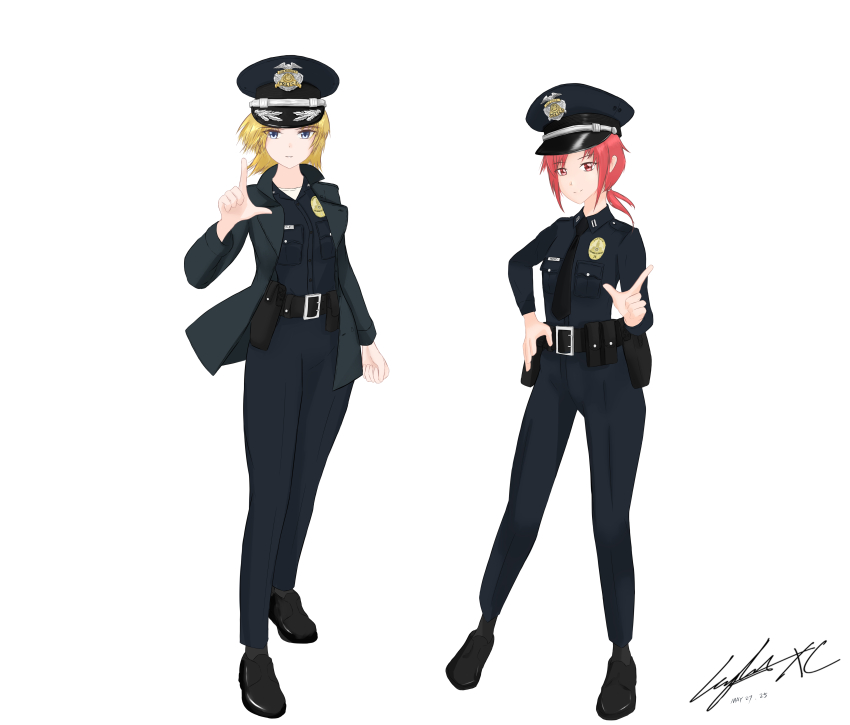 2girls absurdres blonde_hair blue_eyes hat highres hino_akane_(smile_precure!) lightningxc los_angeles_police_department m16a4_(upotte!!) multiple_girls necktie peaked_cap police police_uniform policewoman precure red_eyes red_hair smile_precure! upotte!! white_background