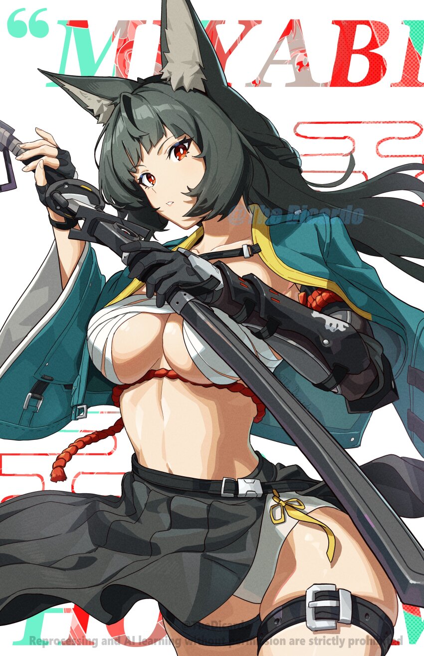 1girl absurdres animal_ear_fluff animal_ears armored_gloves belt black_gloves black_hair black_skirt breasts character_name chest_sarashi commentary english_commentary fingerless_gloves fox_ears gloves green_jacket highres hoshimi_miyabi jacket large_breasts long_hair navel panties red_eyes red_rope rope sarashi simple_background skirt solo stomach thedicardo thigh_belt thigh_strap underwear white_background white_panties zenless_zone_zero