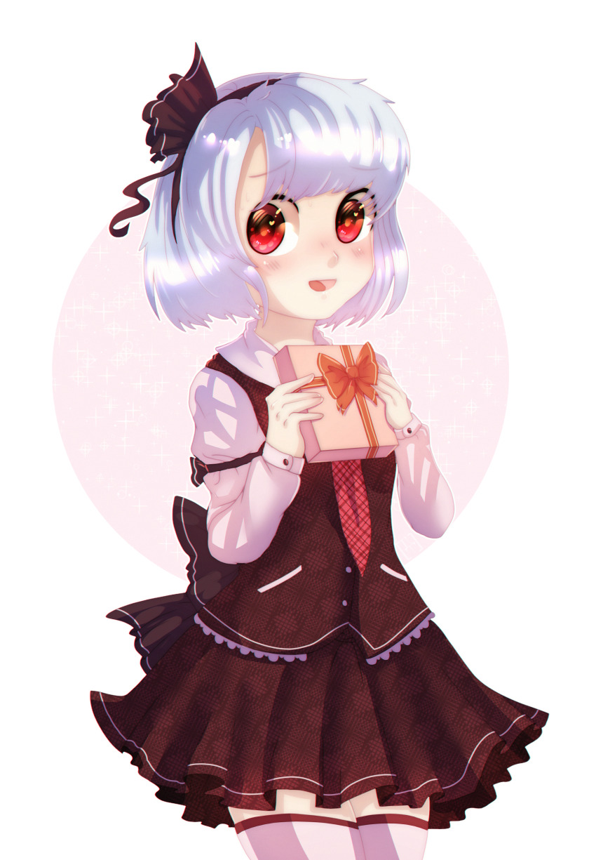 1girl absurdres black_hairband black_skirt black_vest bow box collared_shirt cowboy_shot dungeon_toaster gift gift_box grey_hair hairband highres holding holding_gift juliet_sleeves konpaku_youmu long_sleeves looking_at_viewer medium_hair miniskirt open_mouth pleated_skirt puffy_sleeves red_bow red_eyes red_ribbon ribbon shirt skirt solo thighhighs touhou transparent_background vest white_shirt white_thighhighs