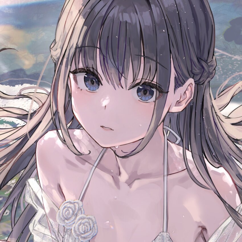 1girl bare_shoulders black_hair blue_eyes braid closed_mouth collarbone commentary_request half_up_braid highres long_hair looking_at_viewer ponkan_8 portrait solo sweat yahari_ore_no_seishun_lovecome_wa_machigatteiru. yukinoshita_yukino