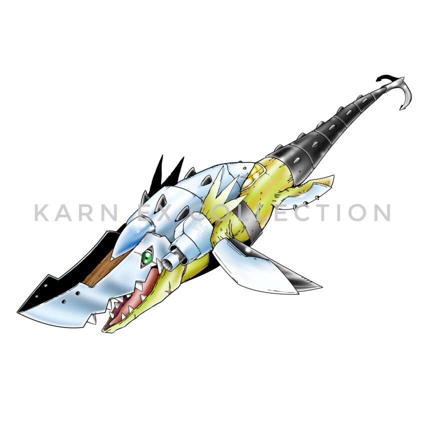ankylomon armor colored_skin digimental_of_sincerity digimon digimon_(creature) digimon_adventure_02 fins green_eyes highres marine_reptile mosasaurus open_mouth oridigi reptile scar sharp_teeth solo tail teeth weirdomonmaster yellow_skin