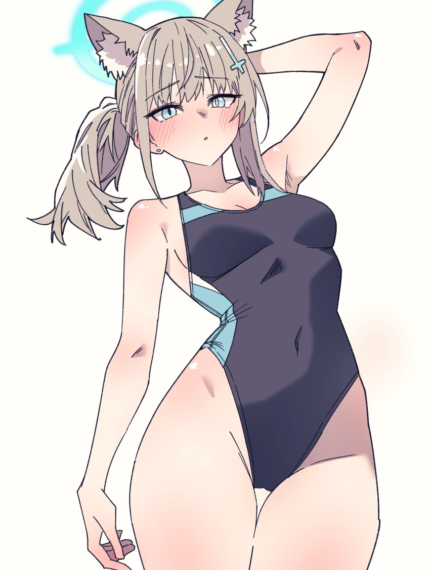 1girl absurdres animal_ear_fluff animal_ears anygatsby arm_behind_head arm_up armpits blue_archive blue_one-piece_swimsuit blush breasts cleavage collarbone commentary competition_swimsuit covered_navel cross_hair_ornament earrings grey_hair groin hair_ornament halo highleg highleg_one-piece_swimsuit highres jewelry long_hair looking_at_viewer medium_breasts mismatched_pupils number-only_commentary official_alternate_costume one-piece_swimsuit ponytail shiroko_(blue_archive) shiroko_(swimsuit)_(blue_archive) simple_background solo stud_earrings swimsuit thigh_gap two-tone_one-piece_swimsuit white_background wolf_ears