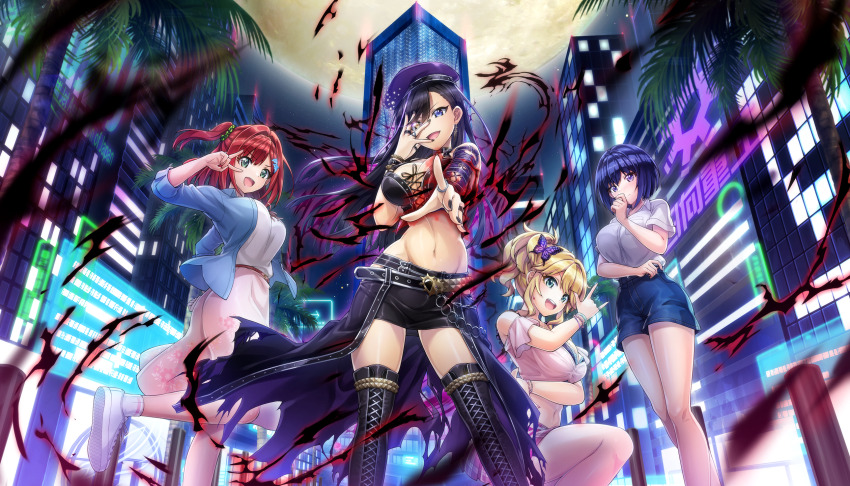 black_hair black_skirt blonde_hair blue_eyes blue_hair blush boots breasts casual chuunibyou cityscape closed_mouth crop_top darkness denim denim_jacket denim_shorts dolphin_wave from_below full_moon game_cg green_eyes green_scrunchie hair_ornament hair_over_one_eye hair_scrunchie highres izumi_kiri jacket kurose_minami large_breasts leg_up long_hair looking_at_viewer medium_hair moon multicolored_hair navel night night_sky non-web_source official_art one_side_up ootomo_takuji open_mouth purple_streaks red_hair sakimiya_iruka scrunchie shirt short_hair shorts showgirl_skirt skirt sky smile squatting thigh_boots thighhighs tojou_michiru unworn_eyewear v v_over_eye white_shirt