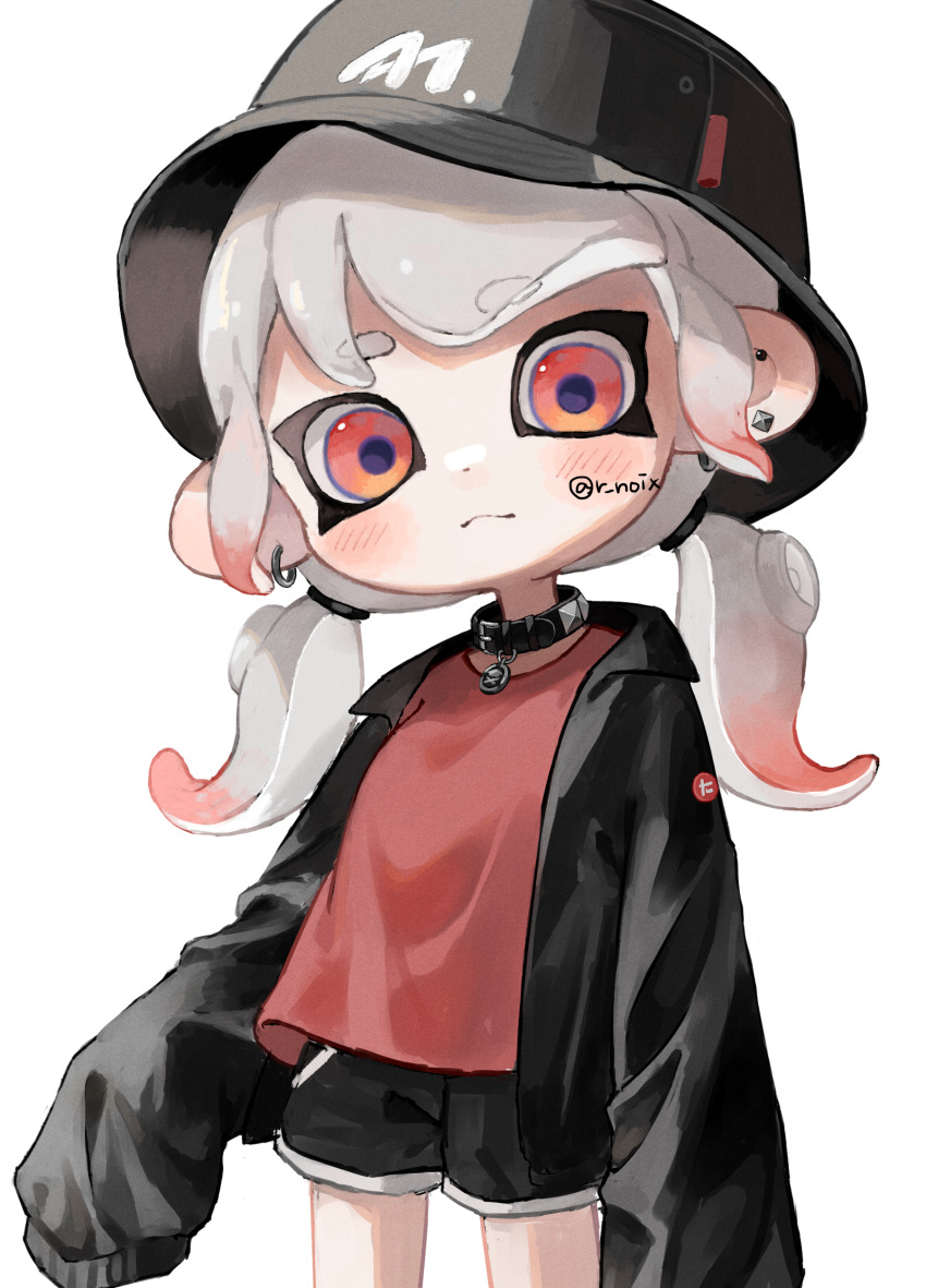 1girl absurdres black_collar black_jacket black_shorts closed_mouth collar commentary_request cowboy_shot dot_nose ear_piercing earrings gradient_hair grey_hair highres jacket jewelry long_hair multicolored_hair myon_rio nintendo octoling octoling_girl octoling_player_character open_clothes open_jacket piercing red_eyes red_hair red_shirt shirt short_shorts shorts simple_background solo splatoon_(series) two-tone_hair white_background