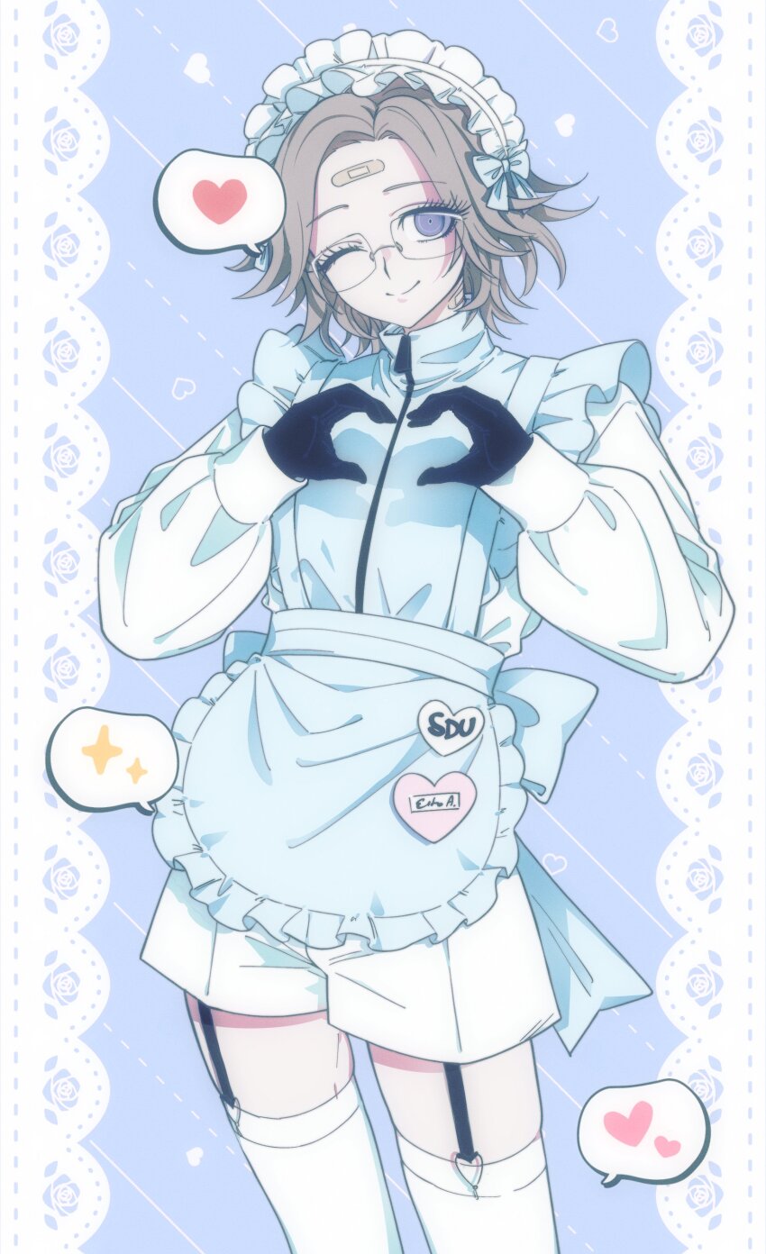 1boy absurdres aotsuki_eito apron bandaid bandaid_on_face bandaid_on_forehead blue_apron blue_bow blue_eyes bow cowboy_shot garter_straps glasses grey_hair hands_up hashtag-only_commentary heart heart_hands highres maid_headdress male_focus one_eye_closed shirt short_hair shorts smile solo spoken_heart spoken_sparkle takumi_go_lucky the_hundred_line_-last_defense_academy- thighhighs white_shirt white_shorts white_thighhighs zipper_pull_tab