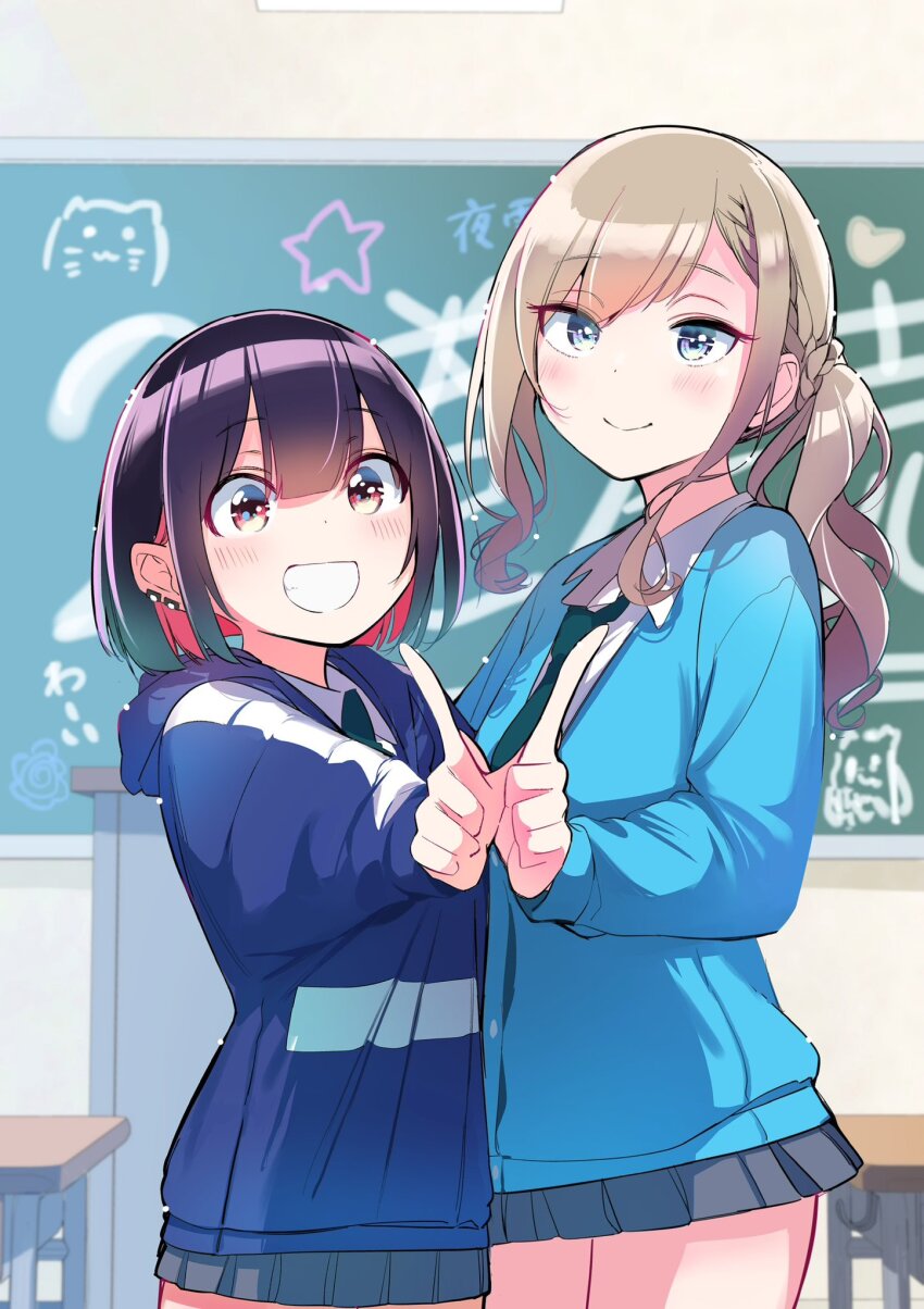 2girls bad_girl_(manga) blonde_hair blue_eyes blush highres jacket multiple_girls nikumaru ponytail purple_eyes purple_hair school_uniform shirt short_hair skirt smile suzukaze_suzu white_shirt yuutani_yuu