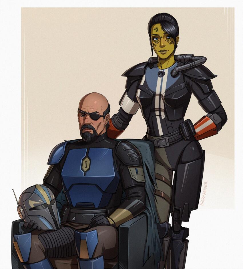 1boy 1girl absurdres alien artist_name bald beard birdyraider black_hair blue_eyes colored_skin eyepatch facial_hair facial_mark green_skin helmet highres mandalorian mandalorian_armor mandalorian_helmet mirialan sitting standing star_wars unworn_headwear unworn_helmet