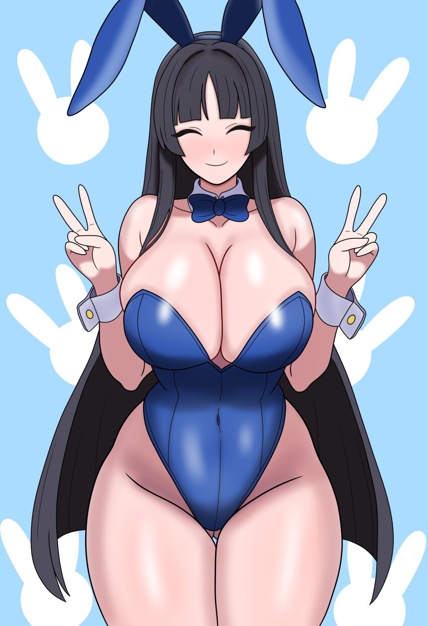 1girl absurdres animal_ear_hairband animal_ears black_hair blue_leotard blunt_bangs blush bojack198 bow bowtie breasts cleavage closed_eyes commentary covered_navel double_v english_commentary fake_animal_ears gluteal_fold hairband highleg highleg_leotard highres hime_cut kaguya_jingu large_breasts leotard long_hair playboy_bunny rabbit_ear_hairband rabbit_ears smile solo strapless strapless_leotard traditional_bowtie under_night_in-birth under_night_in-birth_2_sys:celes v very_long_hair white_wrist_cuffs wrist_cuffs