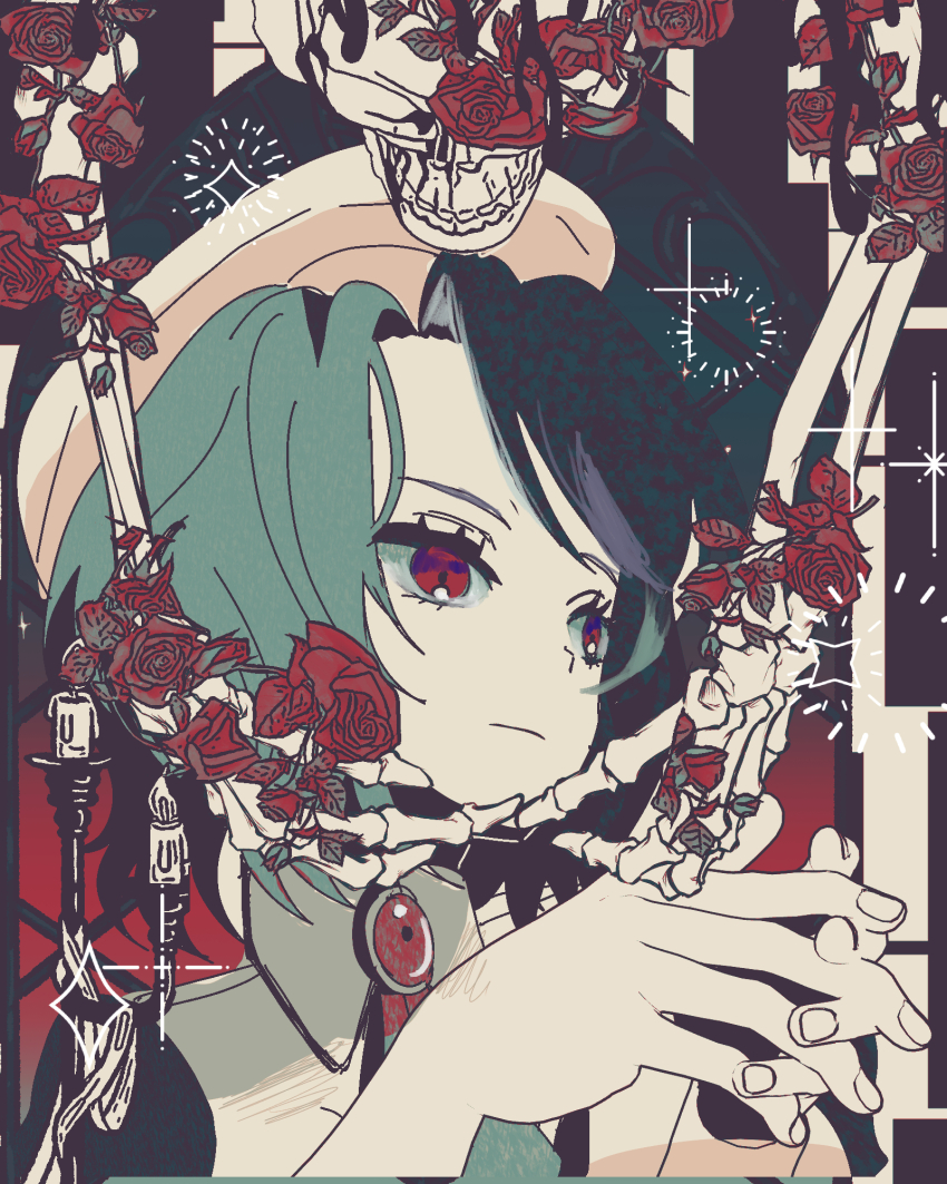 1girl abstract_background beret blindfold candle commentary_request curtained_hair expressionless flower grabbing_another&#039;s_face grin hat head_grab highres korean_commentary red_brooch red_eyes red_flower red_rose rose shannon_(umineko) skeletal_arm skeleton skull smile sparkle_background spot_color trash_trash umineko_no_naku_koro_ni white_hat