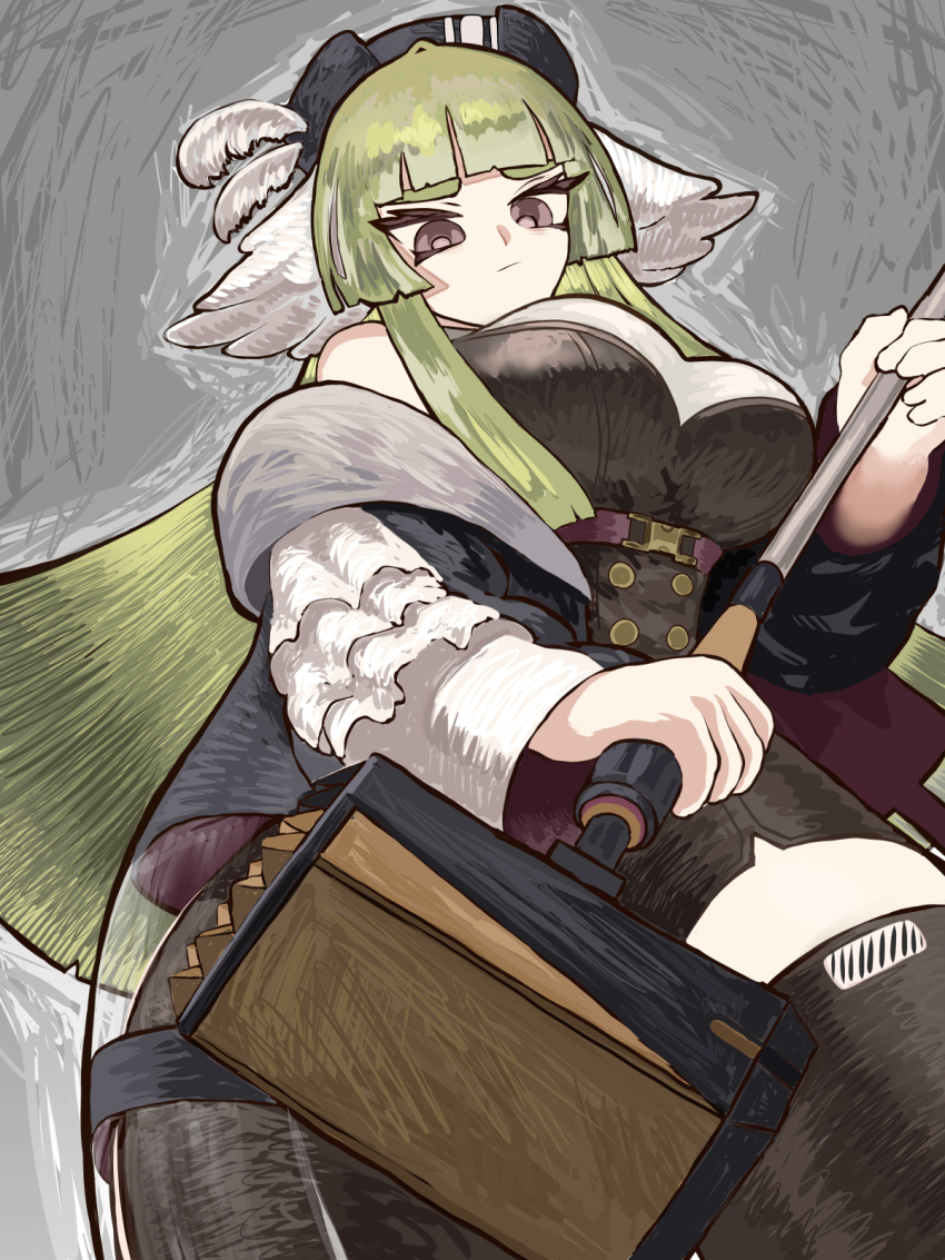 1girl arknights bare_shoulders black_headwear black_romper black_thighhighs blunt_bangs breasts feather_hair feathers green_hair grey_background hammer hat_feather highres holding holding_hammer holding_weapon jacket jacket_partially_removed long_hair looking_at_viewer medium_breasts poncirus_(arknights) purple_eyes romper sidelocks sledgehammer sleeveless solo thiccborb thighhighs weapon white_feathers