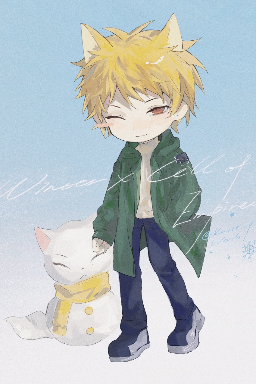 1boy ;) animal_ears antenna_hair atou_haruki black_pants black_shoes blonde_hair blush_stickers chinese_commentary closed_mouth coat commentary_request copyright_name deformed english_text film_grain fox_ears green_coat grey_sweater hand_in_pocket highres hood hood_down hooded_coat kemonomimi_mode long_sleeves male_focus official_alternate_costume one_eye_closed open_clothes open_coat orange_eyes pants saibou_shinkyoku shoes short_hair single_blush_sticker smile snowman solo sweater turtleneck turtleneck_sweater zhiyanpianyu55126