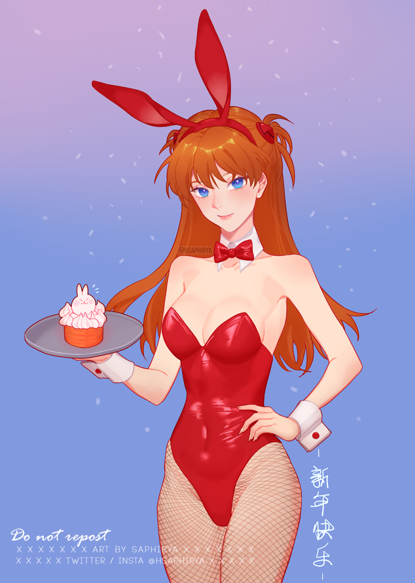 1girl adapted_costume armpits bare_shoulders blue_eyes breasts cake cleavage covered_navel cowboy_shot curvy fingernails food gloves hair_between_eyes hand_on_own_hip highleg highleg_leotard highres holding holding_food holding_tray leotard lips long_hair looking_at_viewer mecha_pilot_suit medium_breasts necktie neon_genesis_evangelion orange_hair pantyhose parted_lips playboy_bunny plugsuit_(evangelion) rabbit_ears red_leotard saphirya shiny_clothes shiny_skin simple_background solo souryuu_asuka_langley thighs tray two_side_up wide_hips