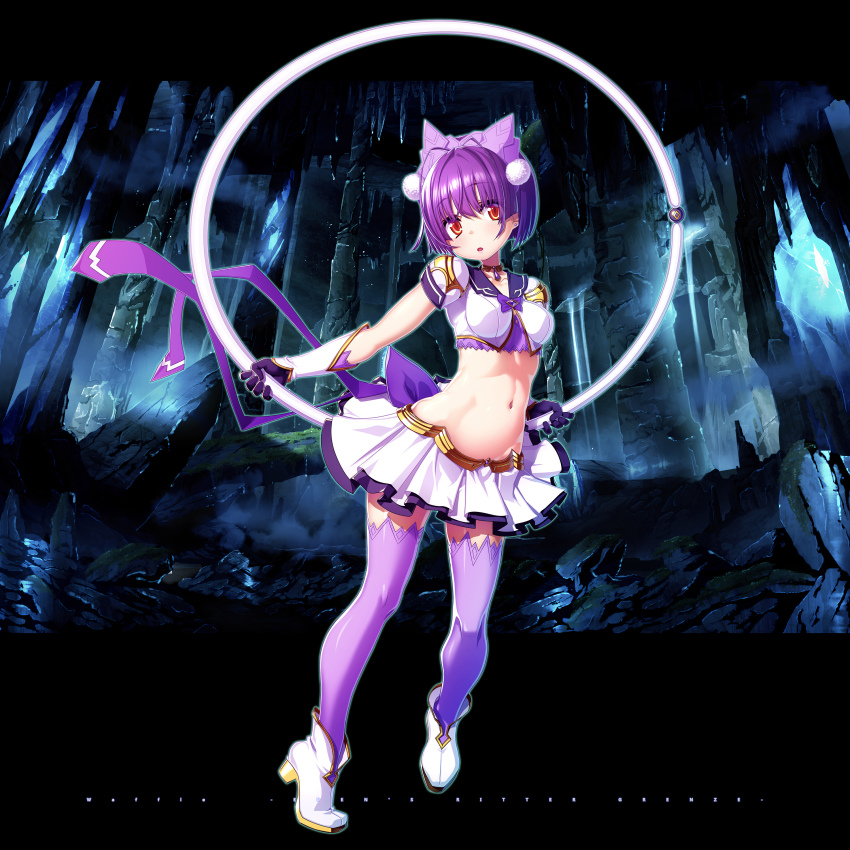 1girl absurdres breasts choker crop_top eden&#039;s_ritter_grenze gloves highres hoop hula_hoop looking_at_viewer navel purple_gloves purple_hair purple_thighhighs red_eyes sakuya_tsuitachi short_hair skirt small_breasts solo thighhighs