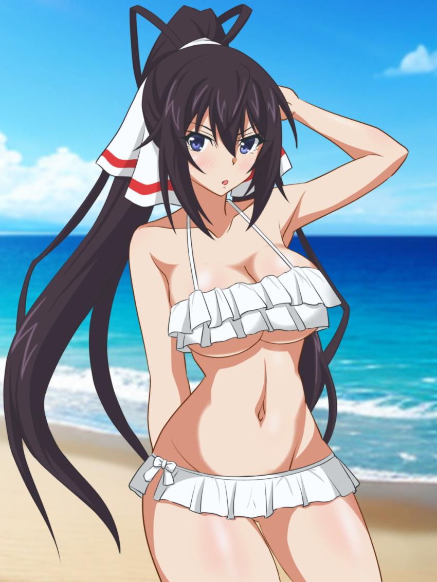1girl beach bikini bikini_skirt black_hair blue_eyes blue_sky breasts cloud commentary_request cowboy_shot day frilled_bikini frills hair_ribbon hata_(pixiv10403940) high_ponytail highres horizon infinite_stratos large_breasts long_hair navel ocean outdoors ponytail ribbon ruffle_bikini shinonono_houki sky solo split_ponytail swimsuit underboob white_bikini