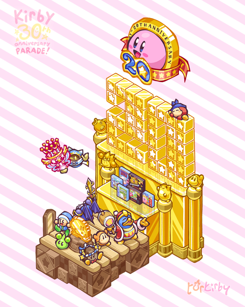 :d anniversary artist_name bandana bandana_waddle_dee blue_bandana blue_eyes blue_hat blush blush_stickers bow bowtie box character_name closed_eyes coo_(kirby) copyright_name english_text galaxia_(sword) hammer hat highres holding holding_hammer holding_sword holding_trophy holding_weapon jacket kine_(kirby) king_dedede kirby kirby&#039;s_adventure kirby&#039;s_dream_collection_special_edition kirby&#039;s_dream_land kirby&#039;s_dream_land_2 kirby&#039;s_dream_land_3 kirby_(series) kirby_64 kirby_super_star magolor meta_knight nintendo no_humans one_eye_closed open_clothes open_jacket open_mouth poppy_bros_jr rayman_limbs red_bow red_bowtie red_hat red_jacket rick_(kirby) rocky_(kirby) sitting sleeping smile sparky_(kirby) star_(symbol) star_block statue striped_background sword torkirby trophy two-tone_background waddle_dee weapon wings