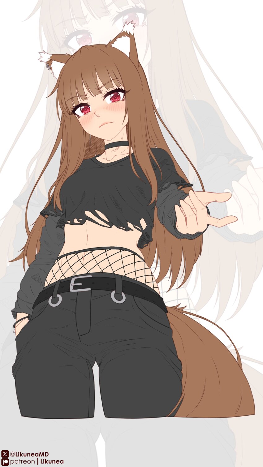 1girl absurdres animal_ear_fluff animal_ears belt black_belt black_pants black_shirt blush brown_hair closed_mouth commentary cropped_legs english_commentary fishnet_pantyhose fishnets goth_fashion hand_in_pocket high-waist_pantyhose highres holo layered_sleeves likunea long_hair long_sleeves navel outstretched_arm pants pantyhose patreon_logo patreon_username reaching reaching_towards_viewer red_eyes shirt short_over_long_sleeves short_sleeves spice_and_wolf tail torn_clothes torn_shirt twitter_username twitter_x_logo very_long_hair wolf_ears wolf_girl wolf_tail zoom_layer