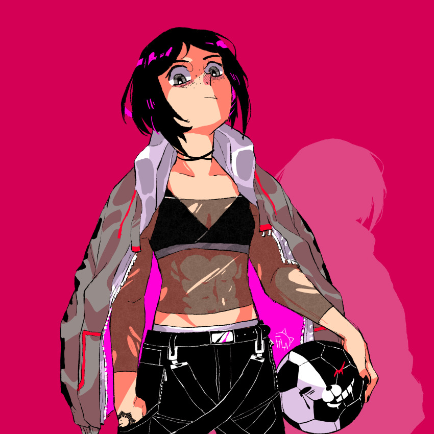 1girl abs absurdres ball black_bra black_pants bra choker closed_mouth danganronpa:_trigger_happy_havoc danganronpa_(series) eyebrows fala-alfredo-pasta female_focus flat_chest freckles grey_eyes grey_jacket hand_tattoo highres holding holding_ball ikusaba_mukuro jacket long_hair looking_at_viewer looking_down muscular muscular_female pants parted_bangs pink_background see-through_clothes see-through_shirt shirt simple_background soccer_ball solo solo_focus tattoo tattoo_on_hand underwear