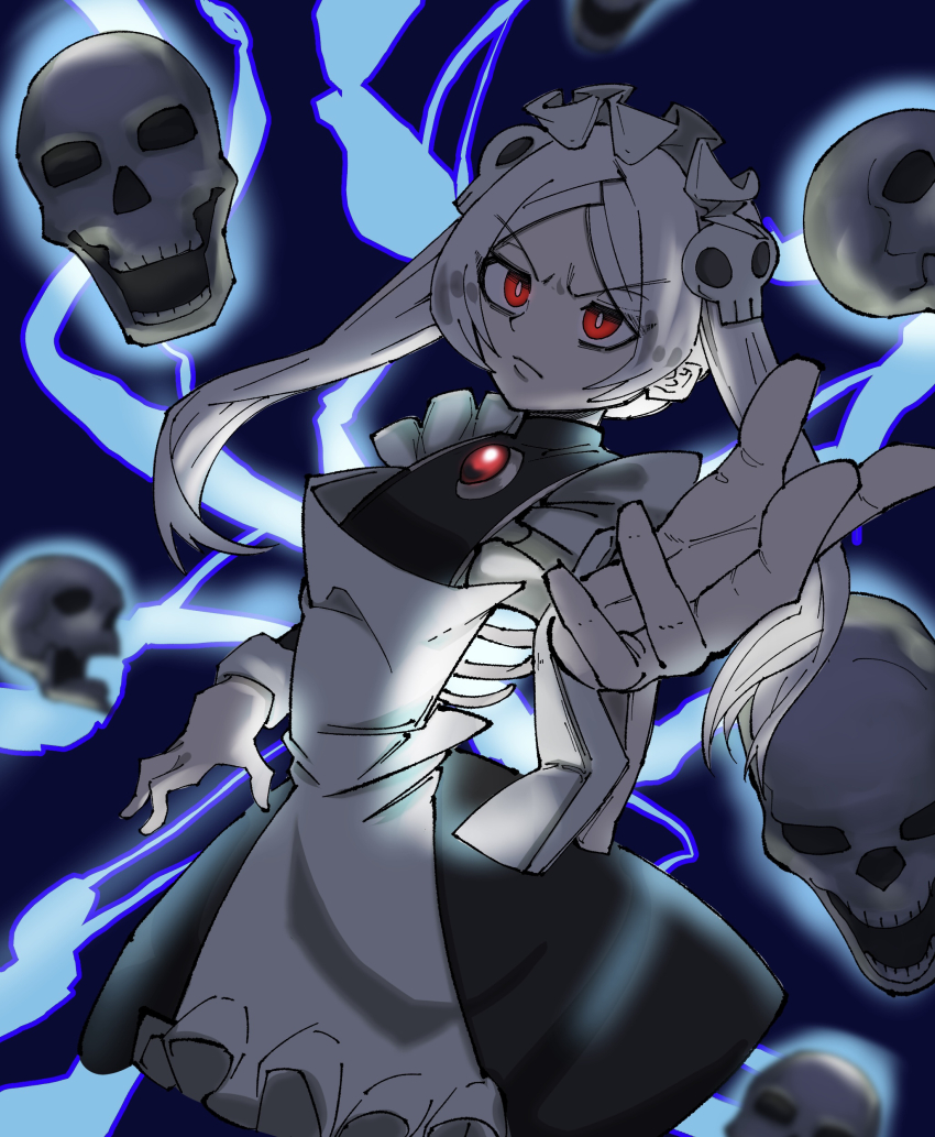 1girl absurdres apron bloody_marie_(skullgirls) blue_background bright_pupils brooch dress fire frilled_apron frilled_dress frills frown grey_hair hair_ornament highres hokokara jewelry looking_at_viewer maid_headdress outstretched_arm outstretched_hand red_eyes ribs skeleton skull skull_hair_ornament skullgirls solo twintails white_pupils