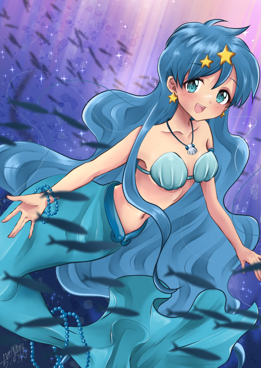 1girl bikini blush breasts cleavage collarbone earrings fish hair_between_eyes hair_ornament highres houshou_hanon jewelry long_hair looking_at_viewer medium_breasts mermaid mermaid_melody_pichi_pichi_pitch monster_girl navel necklace open_mouth shell shell_bikini shell_necklace smile star_(symbol) star_earrings star_hair_ornament stomach swimsuit underwater very_long_hair ywhh2545