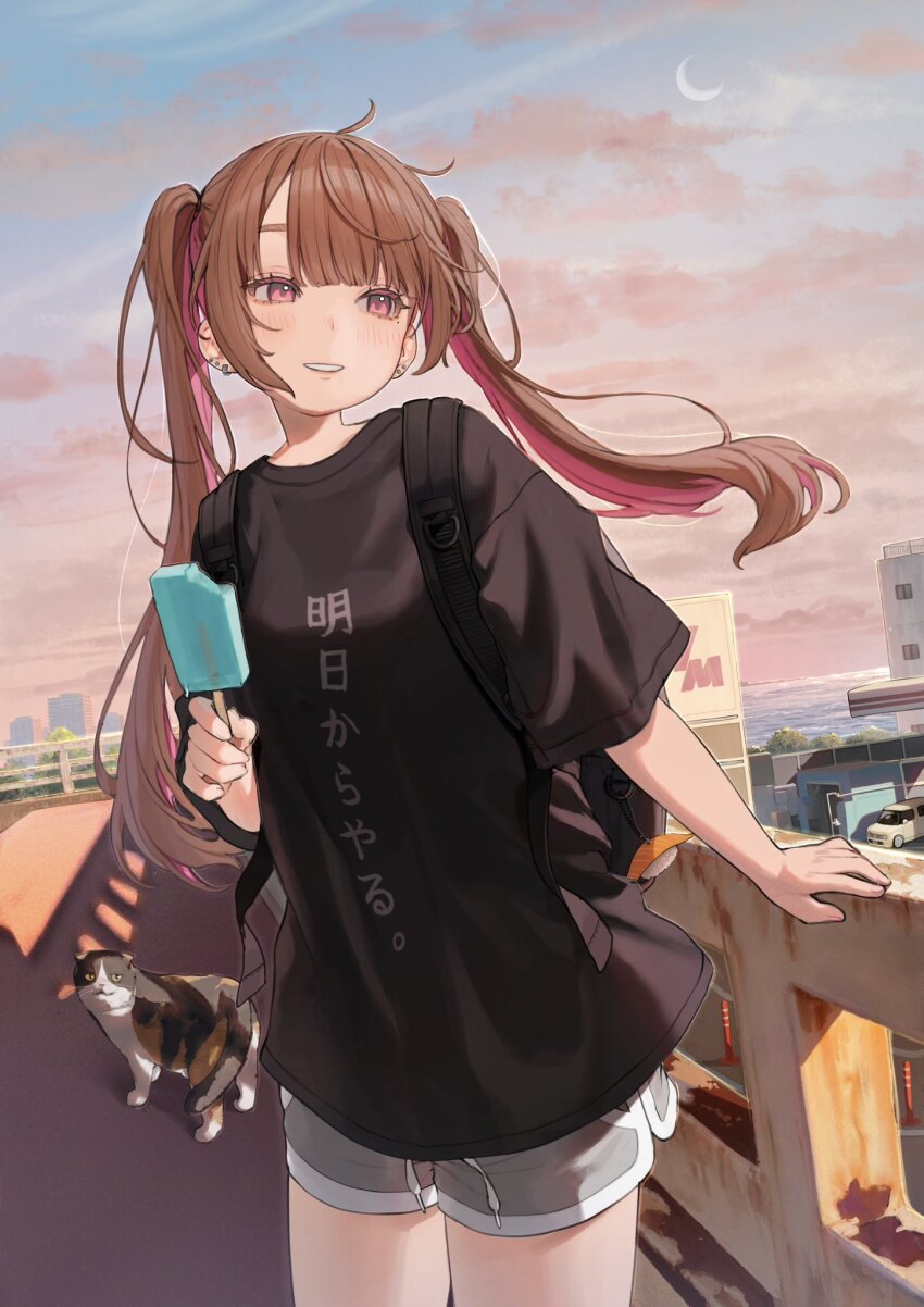 1girl backpack bag bag_charm black_bag black_shirt brown_hair cat charm_(object) colored_inner_hair commentary_request cowboy_shot crescent_moon dolphin_shorts dusk earrings food gradient_sky grey_shorts hamunezuko_(nezukonezu32) hand_on_railing highres holding holding_food holding_popsicle jewelry looking_to_the_side mole mole_under_eye moon multicolored_hair original outdoors parted_lips pink_eyes pink_hair popsicle shirt shorts sky solo stud_earrings twintails two-tone_hair
