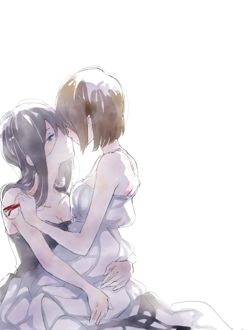 10kanaga 2girls absurdres bare_shoulders black_dress black_hair blue_eyes blush breasts brown_hair cleavage closed_mouth dress unworn_eyewear hibike!_euphonium highres holding holding_removed_eyewear hug imminent_kiss long_hair looking_at_another mole mole_under_eye multiple_girls nakaseko_kaori short_hair sitting sleeveless sleeveless_dress smile strapless strapless_dress tanaka_asuka white_background white_dress yuri
