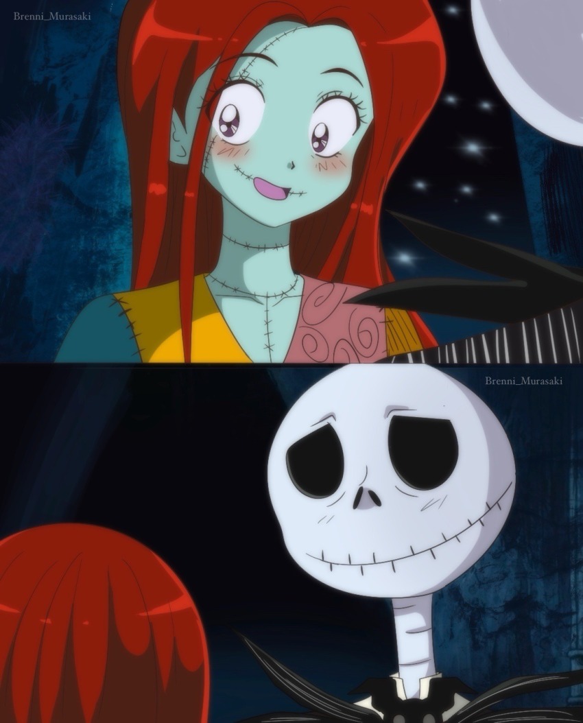 1990s_(style) 1boy 1girl animification brenni_murasaki colored_skin dress highres holding jack_skellington jacket long_hair long_sleeves looking_at_viewer patchwork_skin pinstripe_pattern red_hair retro_artstyle sally_(nbc) skeleton smile stitched_face stitches striped_clothes the_nightmare_before_christmas