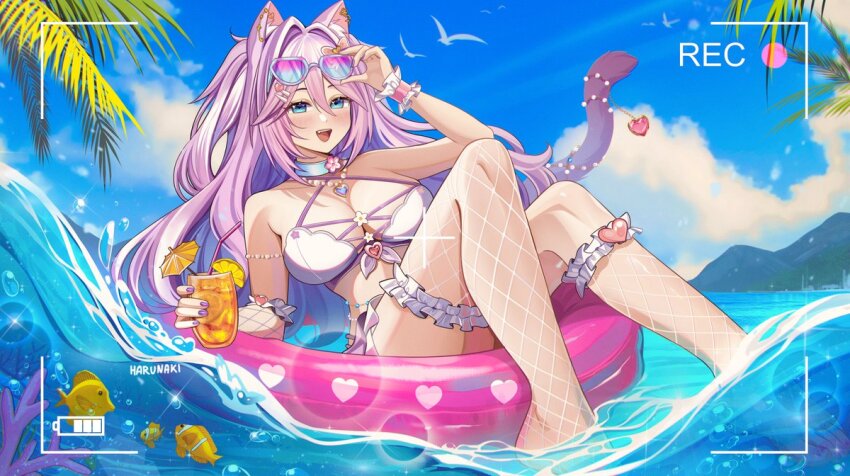 1girl adjusting_eyewear animal_ears asymmetrical_legwear battery_indicator bikini blue_eyes blue_sky blush breasts cat_ears cat_girl cat_tail cleavage cloud cocktail cocktail_glass commentary cup day double-parted_bangs drinking_glass english_commentary eyewear_on_head fingernails fishnet_kneehighs fishnet_thighhighs fishnets frilled_thigh_strap hair_between_eyes hand_on_eyewear hand_up harunaki heart holding holding_cup indie_virtual_youtuber kneehighs large_breasts long_hair looking_at_viewer meowjennycat mismatched_legwear nail_polish ocean open_mouth outdoors purple_hair purple_nails recording single_kneehigh single_sock single_thighhigh sky smile socks solo swim_ring swimsuit tail thigh_strap thighhighs tinted_eyewear viewfinder virtual_youtuber water white_bikini
