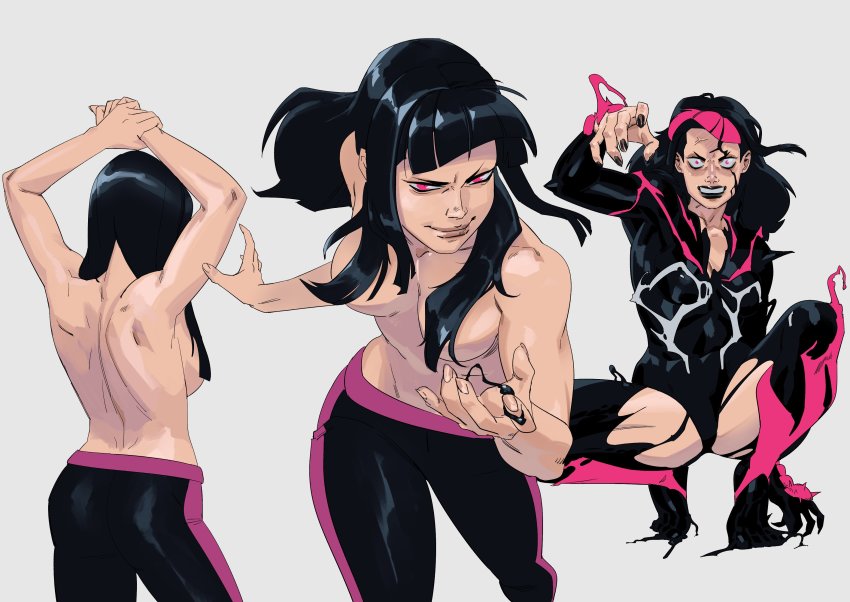 1girl absurdres alternate_hairstyle arms_up back backboob black_hair breasts convenient_censoring diepod hair_down hair_over_breasts han_juri highres living_clothes long_hair nail_polish pants purple_eyes smile solo squatting street_fighter symbiote tiptoes toned topless_female white_background