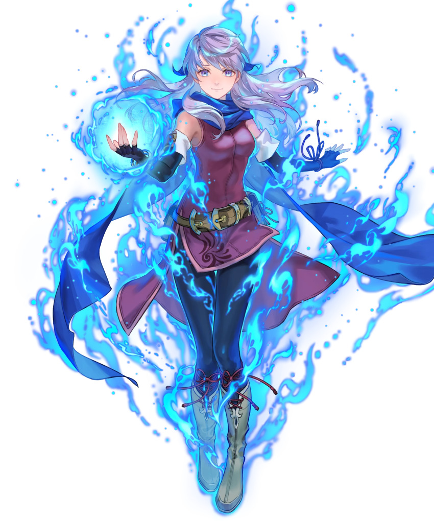 1girl alternate_eye_color aura blue_eyes blue_fire blue_headband breasts fingerless_gloves fire fire_emblem fire_emblem:_radiant_dawn fire_emblem_engage fire_emblem_heroes gloves headband highres looking_at_viewer medium_breasts micaiah_(emblem)_(fire_emblem) micaiah_(fire_emblem) nintendo non-web_source official_alternate_eye_color official_art pantyhose scarf smile solo suzuki_rika tachi-e transparent_background white_hair
