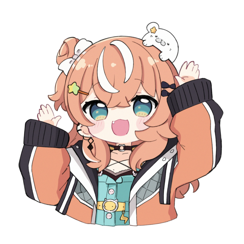 1girl :d animal animal_on_head arm_up black_bow blue_dress blue_eyes blush_stickers bow brown_hair brown_jacket commentary cropped_torso dress fang hair_between_eyes hair_bow hair_bun hair_ornament hairclip hand_up highres igarashi_rika igarashi_rika_(1st_costume) jacket long_sleeves multicolored_hair nijisanji nozo_(hitomiz) on_head one_side_up open_clothes open_jacket open_mouth puffy_long_sleeves puffy_sleeves seal_(animal) simple_background single_side_bun sleeves_past_wrists smile solo star_(symbol) star_hair_ornament streaked_hair upper_body virtual_youtuber white_background white_bow white_hair