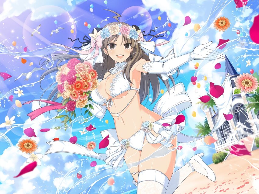 1girl ahoge animal armpits balloon bird bird_wings black_ribbon blue_flower blue_rose blue_sky blush bouquet bow bra breasts bridal_lingerie bride brown_eyes brown_hair bun_cover bush church cleavage cloud day detached_collar double_bun dress earrings elbow_gloves feathered_wings flock flower gloves groin hair_bow hair_bun hair_flower hair_ornament hair_ribbon heart high_heels highres holding holding_bouquet holding_flower jewelry lace large_breasts leaf lens_flare linea_alba lingerie long_hair looking_at_viewer multicolored_flower multicolored_rose navel necklace official_alternate_costume official_art open_mouth orange_flower orange_rose outdoors palm_leaf palm_tree panties pearl_necklace petals pink_bow pink_flower pink_rose pumps reaching reaching_towards_viewer red_flower red_rose renka_(senran_kagura) ribbon rose rose_petals running sand seagull senran_kagura senran_kagura_estival_versus senran_kagura_new_link sky smile solo stairs steeple teeth thighhighs tomoe_(symbol) tongue tree underboob underwear water water_drop wedding_dress white_bow white_bra white_flower white_footwear white_gloves white_panties white_ribbon white_rose window wings yaegashi_nan yellow_flower yellow_rose
