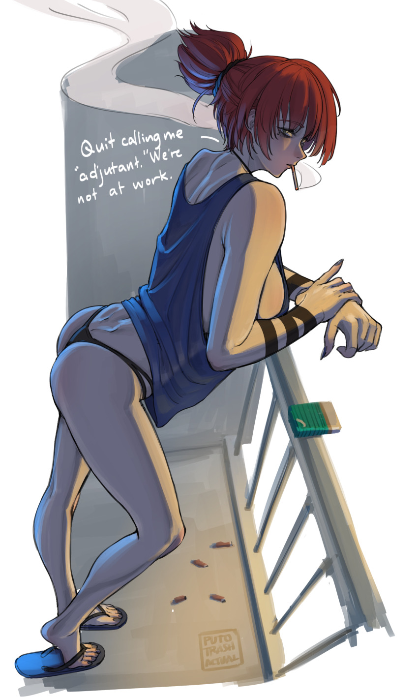 1girl absurdres artist_name ass black_panties blue_tank_top breasts cigarette cigarette_butt cigarette_pack commentary english_commentary english_text flip-flops full_body girls&#039;_frontline girls&#039;_frontline_2:_exilium green_eyes highres lentine_(girls&#039;_frontline_2) looking_at_viewer mole mole_under_eye newport_(cigarette) panties puto_trash railing red_hair sandals short_hair sideboob smoking solo string_panties tank_top underwear