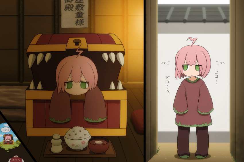 1girl ahoge boots bowl brown_dress brown_footwear character_request chopsticks commentary_request dress empty_eyes green_eyes highres lightning_bolt_symbol long_sleeves mimic motion_lines pink_hair revision rice rice_bowl romaji_commentary sequel_(series) sequel_thirst shirosato sleeves_past_fingers sleeves_past_wrists thigh_boots translation_request tray