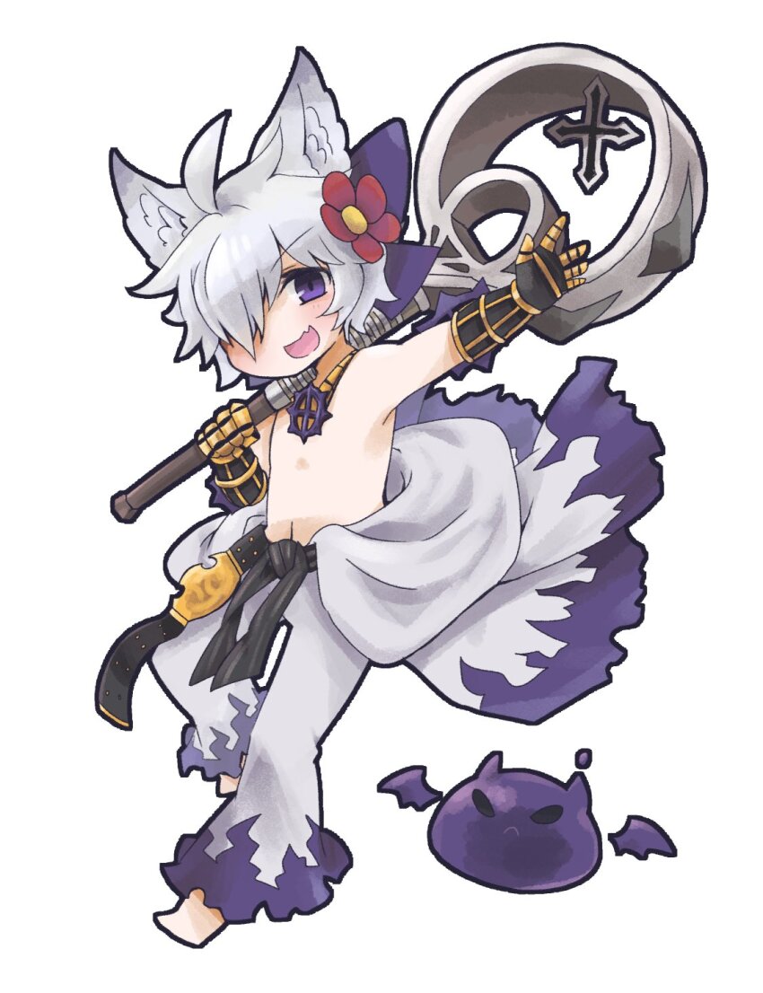 1boy ahoge animal_ears barefoot belt black_belt black_gloves championship_belt clothes_around_waist commentary_request cross cross_necklace cross_of_prontera deviling doroidsan fox_boy fox_ears full_body gauntlets gloves hair_between_eyes hair_over_one_eye highres holding holding_mace holding_weapon jewelry looking_at_viewer mace male_focus necklace open_mouth pants purple_eyes ragnarok_online shirt shirt_around_waist simple_background smile solo sura_(ragnarok_online) topless_male weapon white_background white_hair white_pants white_shirt