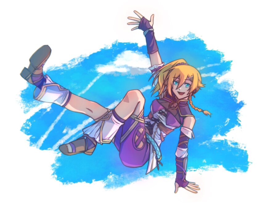 1girl :d arkibk blonde_hair blue_eyes braid breasts commentary_request fingerless_gloves gloves hair_between_eyes high_ponytail highres karja_balta open_mouth ponytail purple_gloves purple_shorts shorts side_ponytail smile solo ys ys_x:_nordics