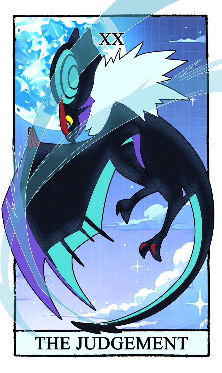 absurdres border card_(medium) carrotzmoonman claws colored_sclera commentary dragon english_commentary from_side full_body gen_6_pokemon highres judgement_(tarot) moon nintendo no_humans noivern pokemon pokemon_(creature) roman_numeral screenshot_background solo sparkle tarot tarot_(medium) white_border wind yellow_sclera