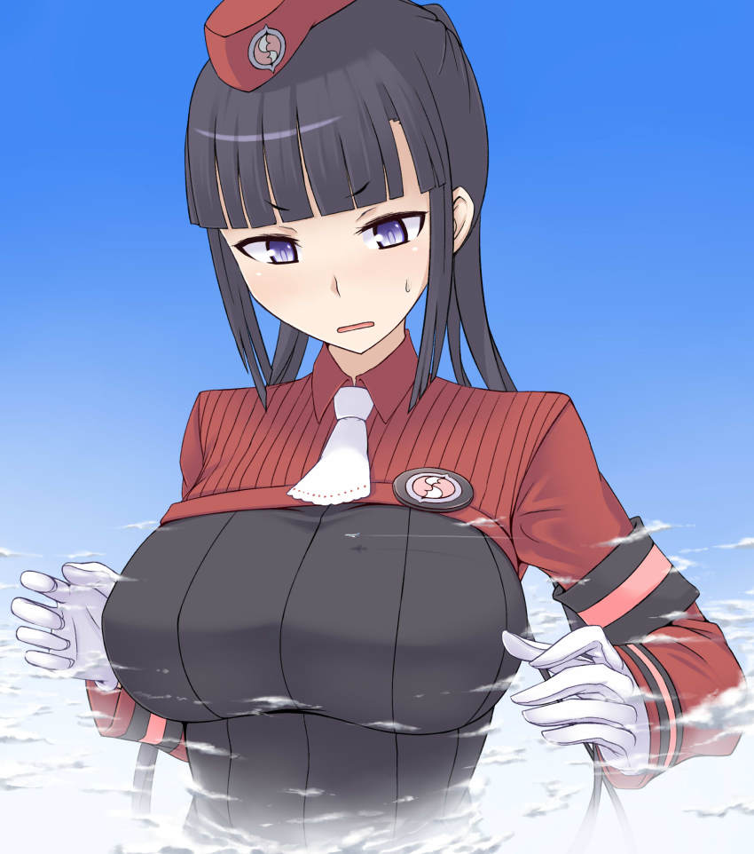 absurdres aircraft airplane armband black_hair breasts cloud giant giantess gloves hat highres huge_breasts huge_giantess jet long_hair necktie purple_eyes summon_night summon_night_5 terada_ochiko white_gloves yeng-hua