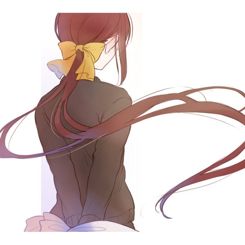 1girl aikawa_ryo_(love_live!) arms_behind_back back bow commentary_request floating_hair from_behind hair_bow highres koyoru-f long_hair love_live! love_live!_school_idol_festival red_hair solo sweater upper_body very_long_hair white_background yellow_bow