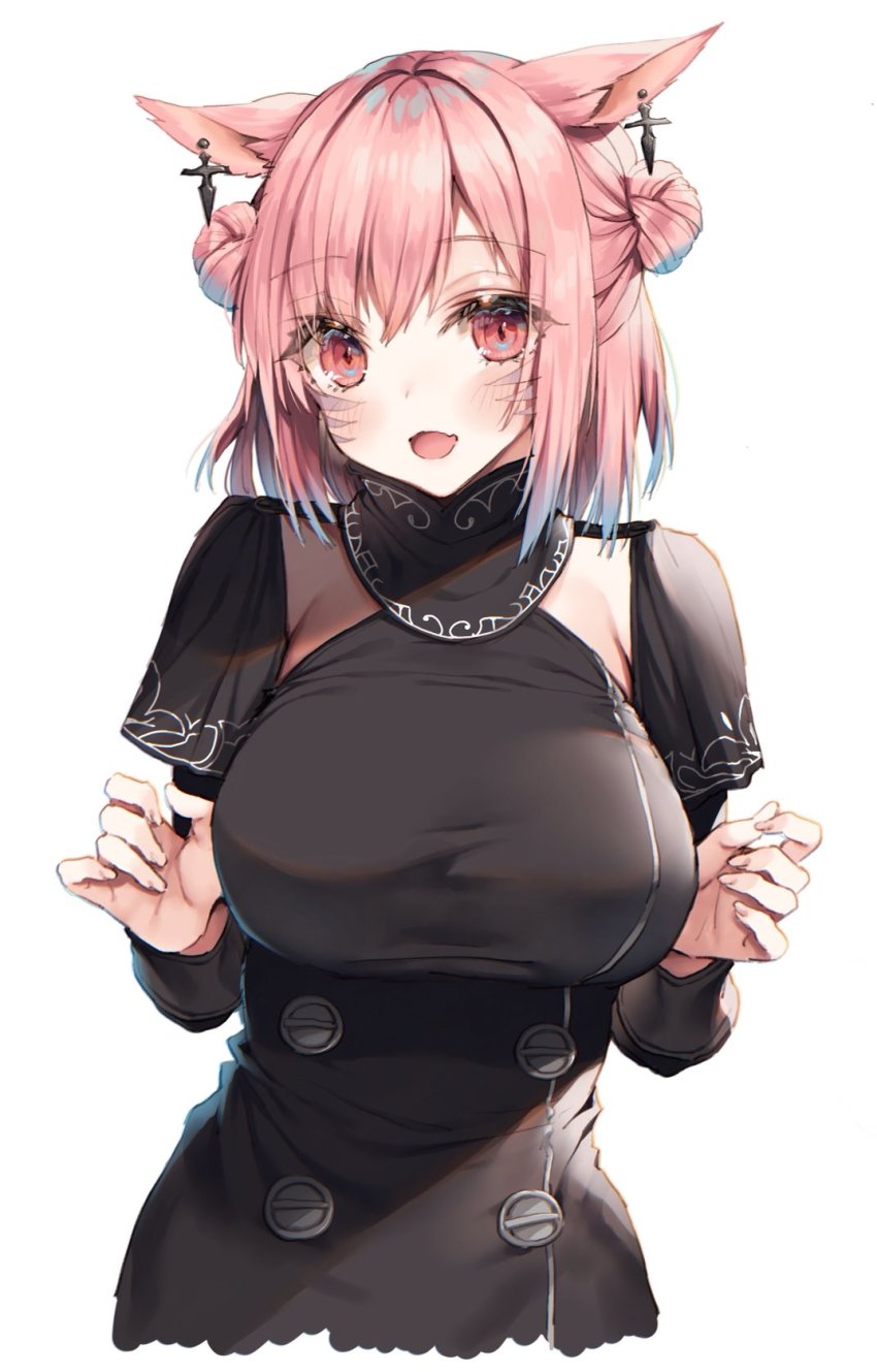1girl animal_ears warrior_of_light_(ff14) black_dress blush breasts cat_ears cat_girl cat_tail double_bun dress earrings facial_mark final_fantasy final_fantasy_xiv hair_bun highres hime_gyo jewelry large_breasts looking_at_viewer miqo&#039;te open_mouth pink_eyes pink_hair pink_tail short_hair simple_background smile solo tail white_background