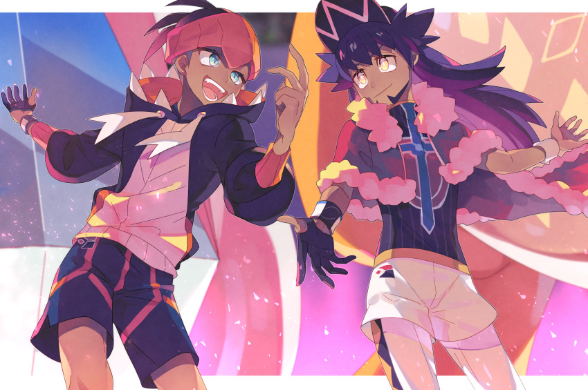 2boys absurdres blue_eyes bright_pupils cape charizard dark-skinned_male dark_skin drawstring eyelashes fur-trimmed_cape fur_trim gen_1_pokemon gigantamax gigantamax_charizard gloves highres hood hooded_jacket jacket leon_(pokemon) long_hair male_focus multiple_boys nagatsukiariake nintendo open_mouth pokemon pokemon_swsh purple_hair raihan_(pokemon) shorts single_glove teeth white_pupils yellow_eyes